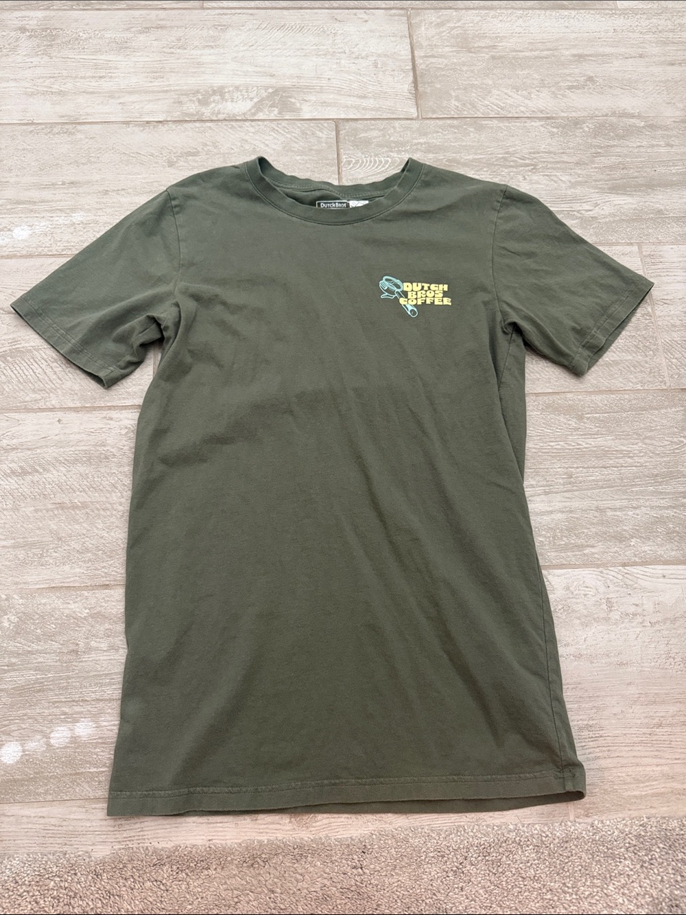 Dutch Bros Olive Green Tee with Blue and Yellow Logo